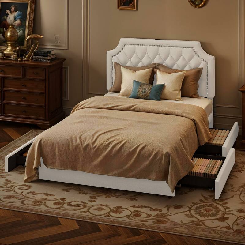 Moasis Velvet/Linen Upholstered Bedframe with Adjustable Headboard and 4 Storage Drawers