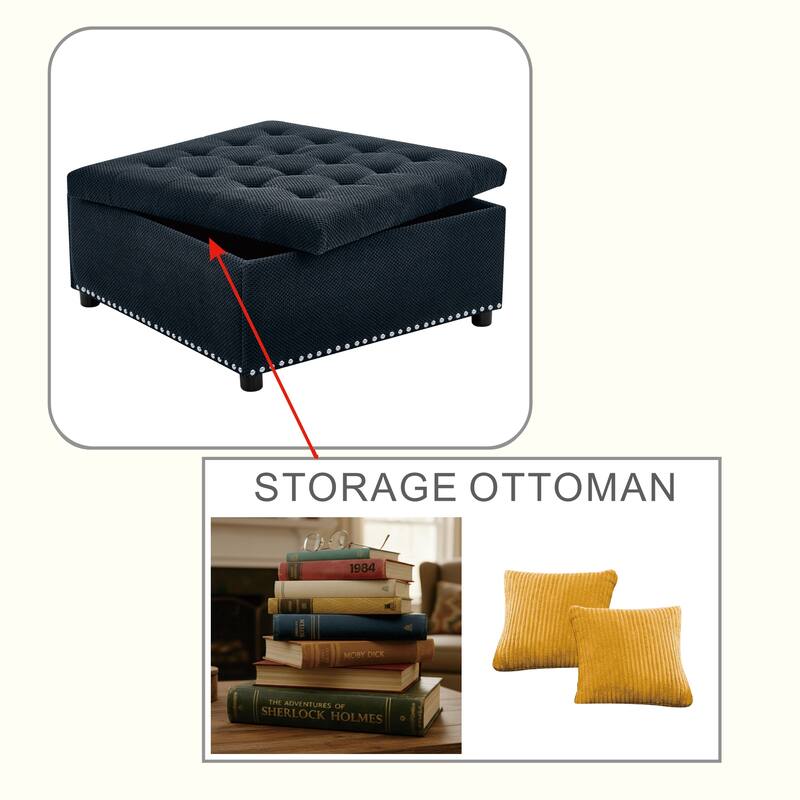 Square Tufted Upholstered Storage Ottoman with Nailhead Trim