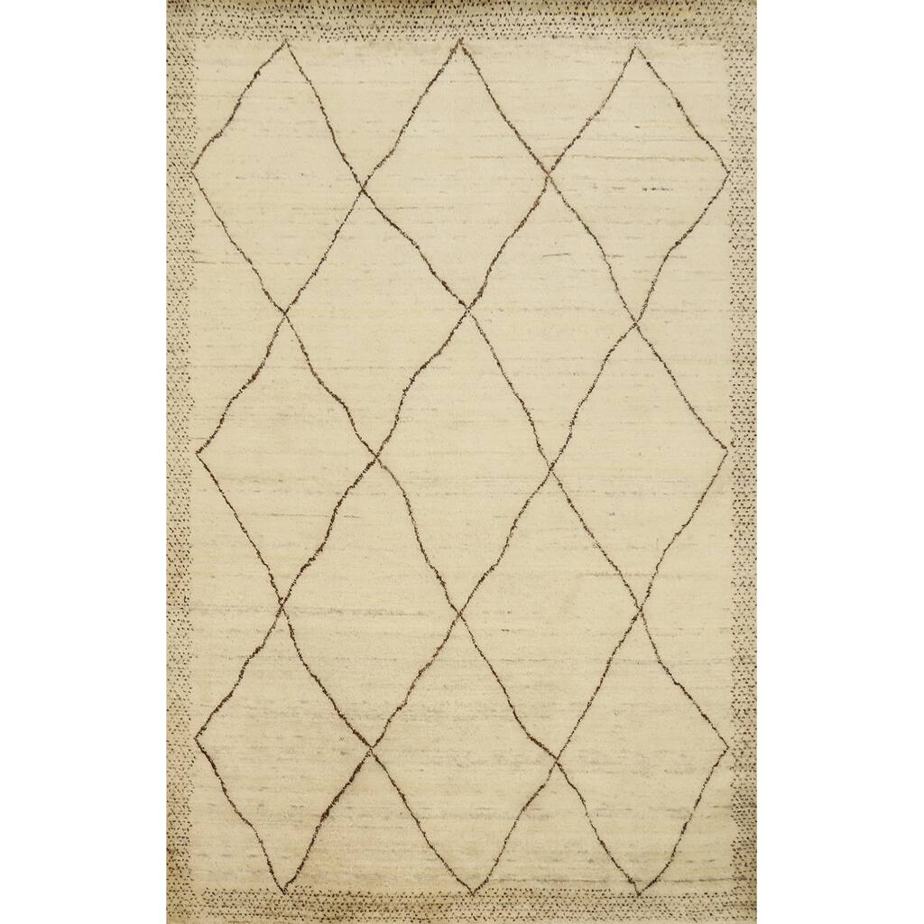 Hand Knotted Oriental 100% Wool Carpet Modern Geometric Beige & Ivories Gabbeh Area Rug - 7' 6'' X 5' 6''