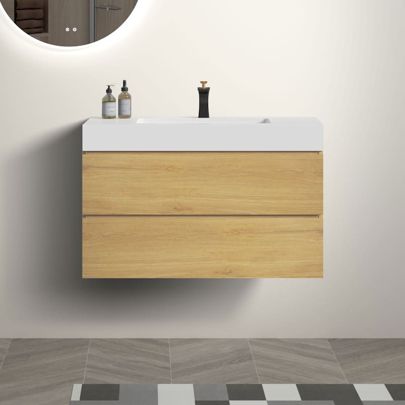 36" Bathroom Vanity with Black Sink,Wall Mounted Floating Bathroom Vanity, One-Piece Black Sink Basin without Drain and Faucet - Oak