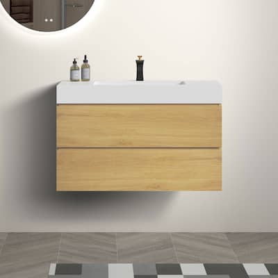 36" Bathroom Vanity with Black Sink,Wall Mounted Floating Bathroom Vanity, One-Piece Black Sink Basin without Drain and Faucet