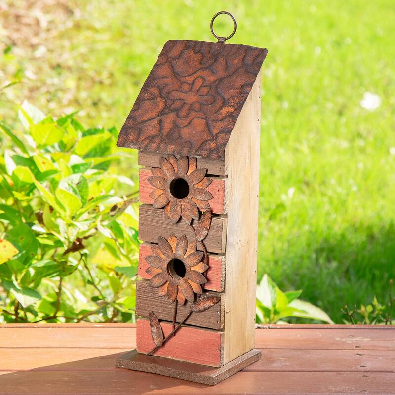 Glitzhome 14.5"H Two-Tiered Distressed Solid Wood Cottage Birdhouse with Flowers - 14.5"