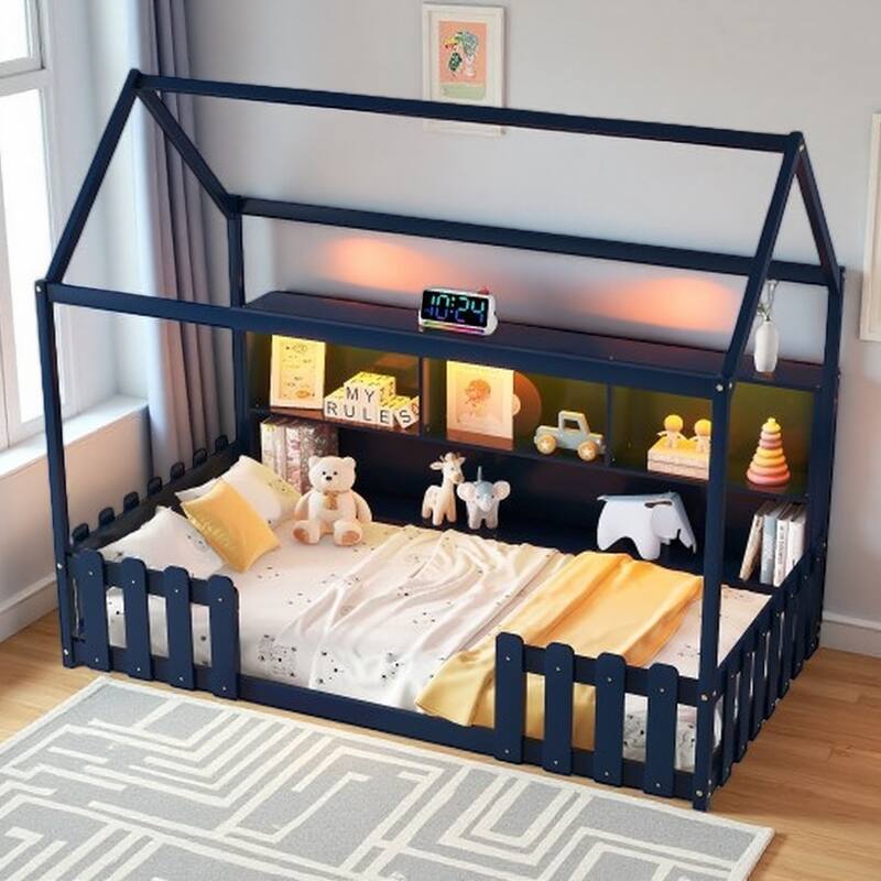 Twin Wooden House Bed with LED Light, Built-in Bookshelf & Safety Guardrails - Navy Blue