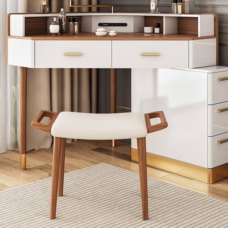 Modern Corner Makeup Vanity Table with LED Lighted Mirror, Vanity Desk with 5 Drawers, Piano Finish, Solid Wood Legs, Stool