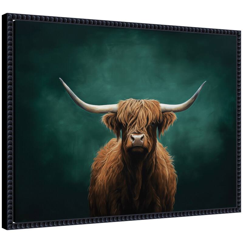 Kate and Laurel Highland Cow on Tonal Teal Green Abstract by The Creative Bunch Studio Framed Canvas Wall Art Print - 24 x 18 - Black