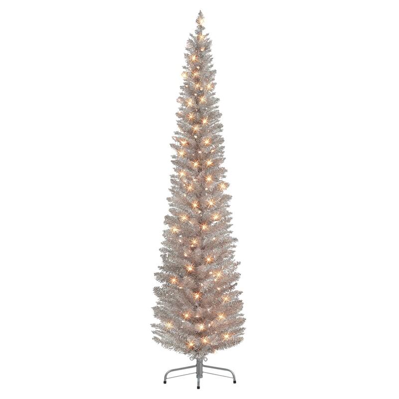 Puleo International 7 ft. Pre-Lit Rose Gold Tinsel Artificial Tree - Pink