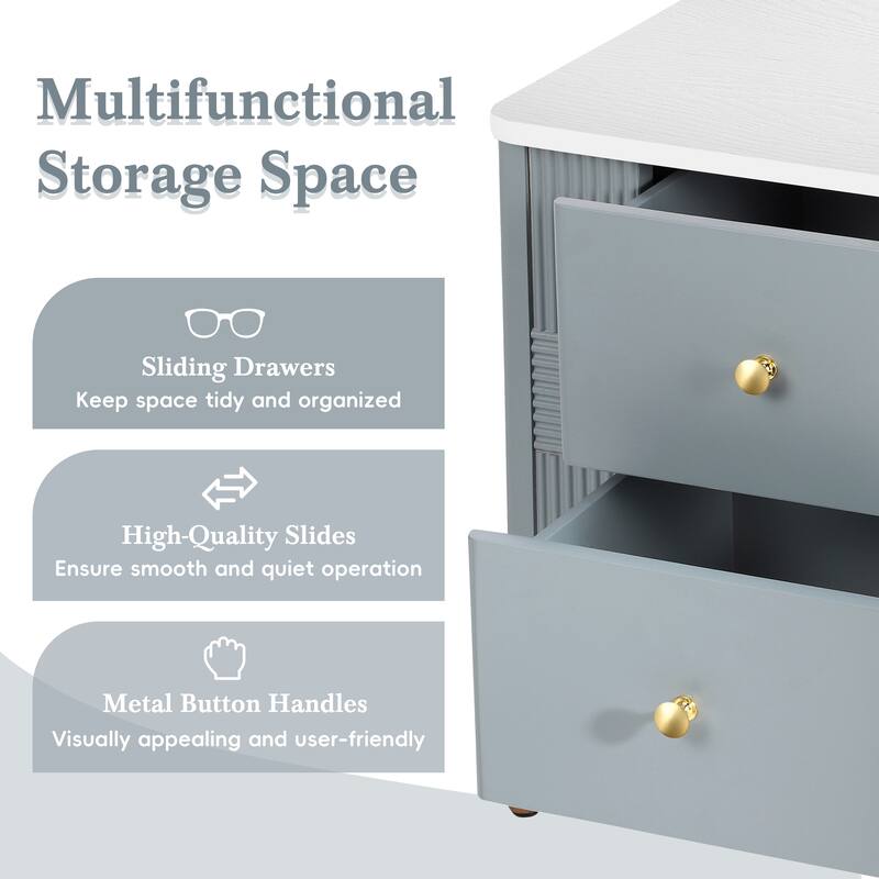 Fluted Nightstand with Metal Handles and Legs, Storage Cabinet with 2 Drawers, Multi-functiona Sofa Side Table