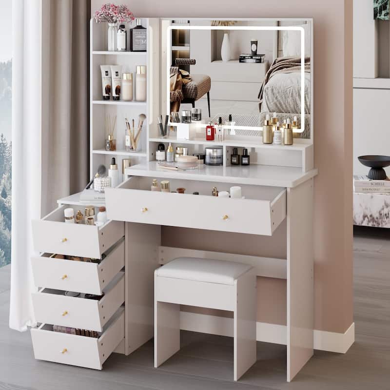 41"Large Size Left Bedside Cabinet Vanity Table+Cushioned Stool, Extra Large LED Mirror, Multi Layer High Capacity Dresser