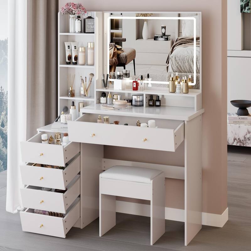 Large Size Left Bedside Cabinet Vanity Table+Cushioned Stool,Large Touch Control LED Mirror,3-color Switch,Multi Layer