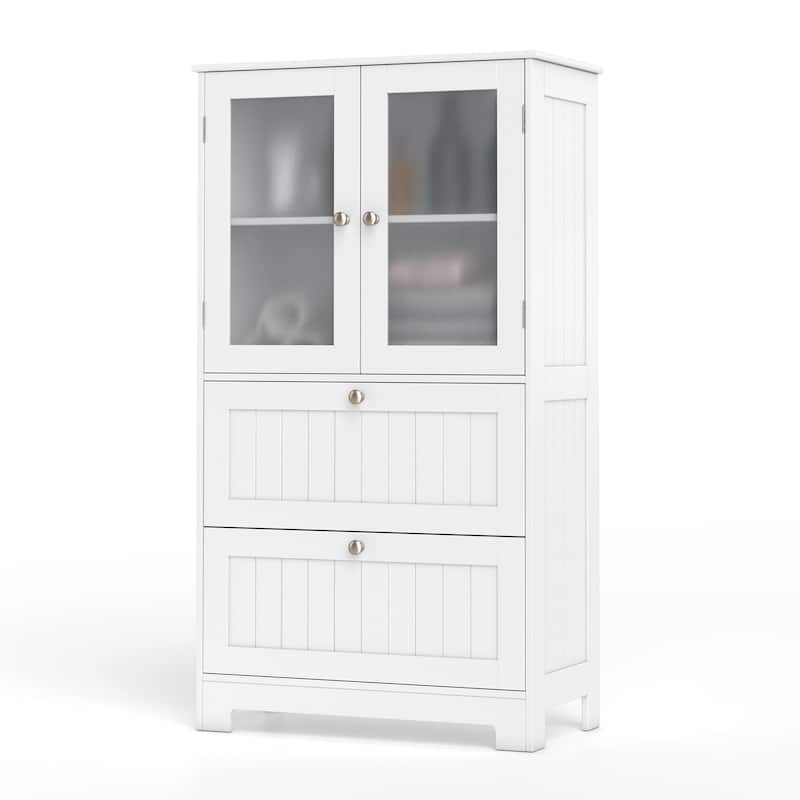 Gymax Bathroom Floor Storage Cabinet Freestanding Cupboard Pantry w/ 2 - White - Matte