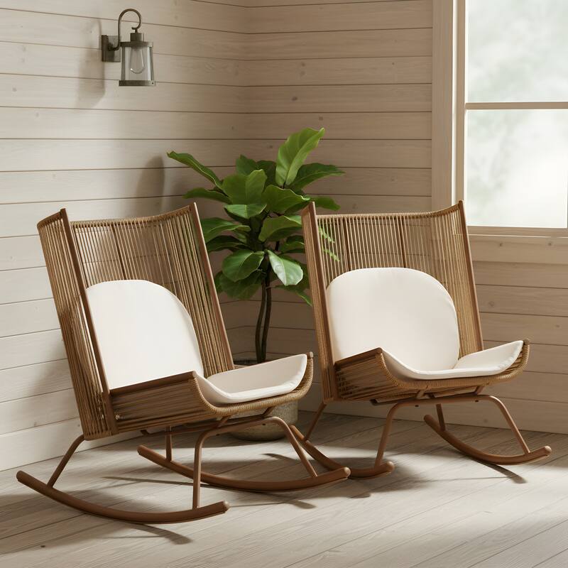 Christopher Knight Home - Modern Outdoor Metal Frame Woven High Arc Backrest Rocking Chair and Solid Acacia Wood Side Table Set