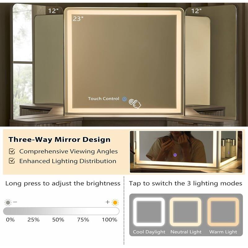Modern Fluted Makeup Vanity Desk with 3 Way Mirror&Light, Vanity Table