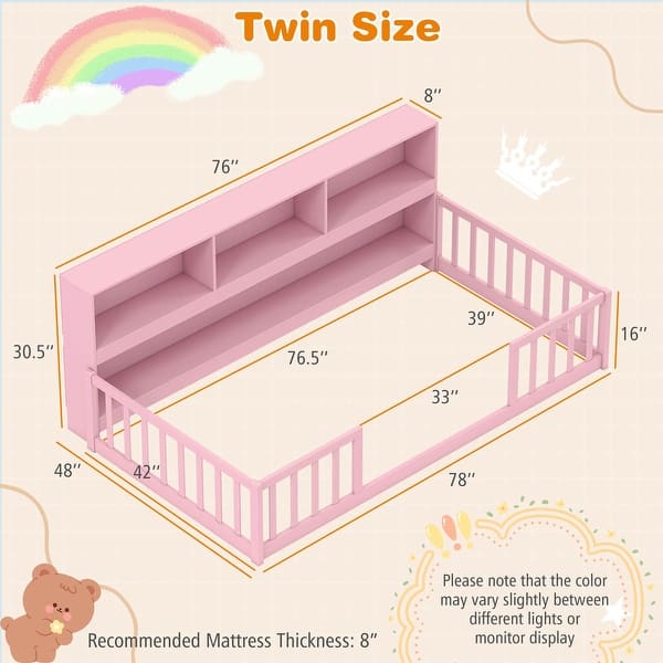dimension image slide 0 of 3, Costway Twin Size Montessori Floor Bed with Bookcase Storage Shelves &