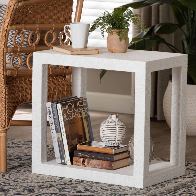 Oaklynn Natural Grasscloth End Table - Two-Tier Accent Table with Open Frame, Modern Coastal Complement, White