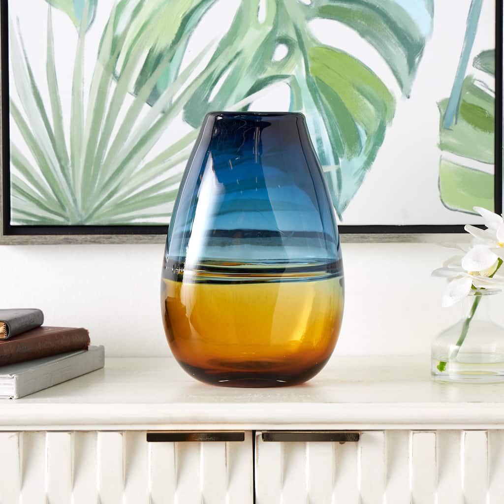 Blue Glass Handmade Ombre Decorative Vase with Yellow Base