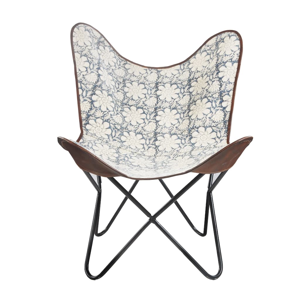 37" Blue and White Floral Faux Leather Sling-Style Butterfly Chair