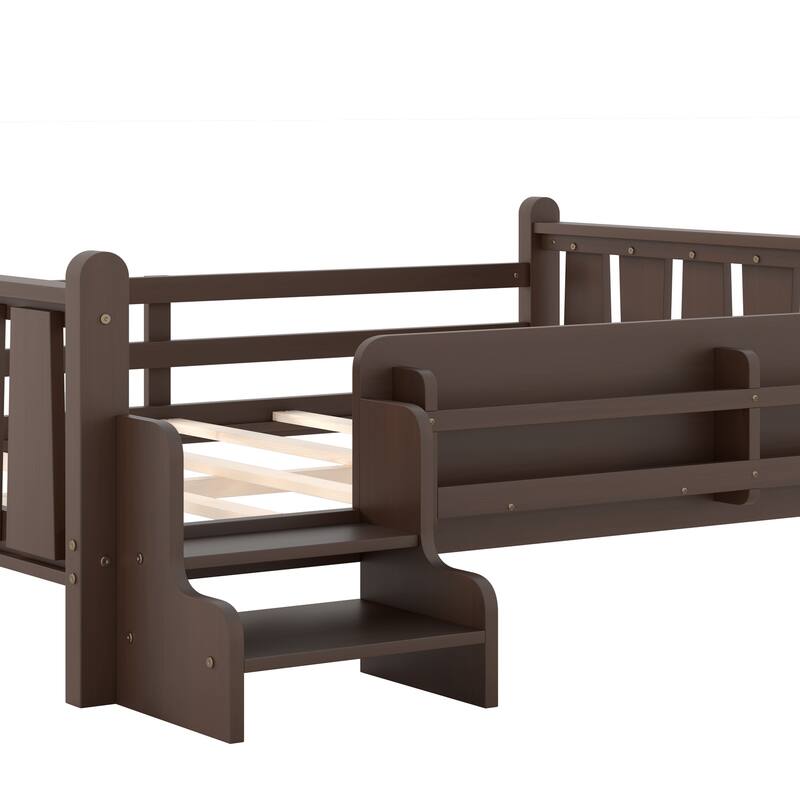 Full/Twin Floor Bed with Storage Bookcases & Cute Stairs - Solid Wood Kids Bed, No Box Spring