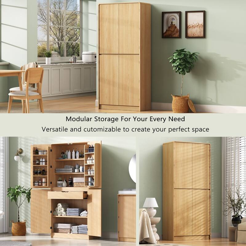 Farmhouse Kitchen Pantry Cabinet Storage Cupboard with 8 Door Shelves, 3 Adjustable Interior Shelves, Hidden Drawer