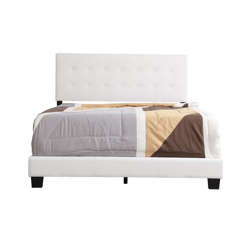 White Faux Leather Queen Bed with Button Tufted Headboard