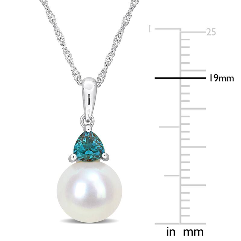 Miadora 8-8.5mm Cultured Freshwater Pearl and 1/3ct TGW Created Alexandrite Drop Pendant with Chain in 10k White Gold