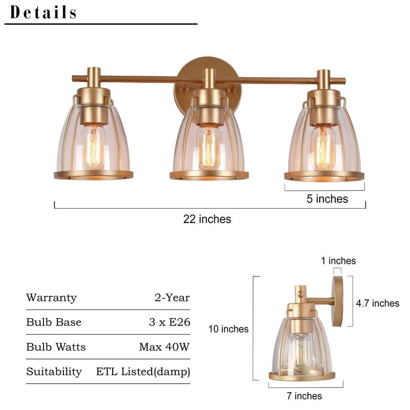 Modern Glam Gold 3-Light Bathroom Vanity Light Bowl Glass Wall Sconces - L 22" x W 7" x H 10"