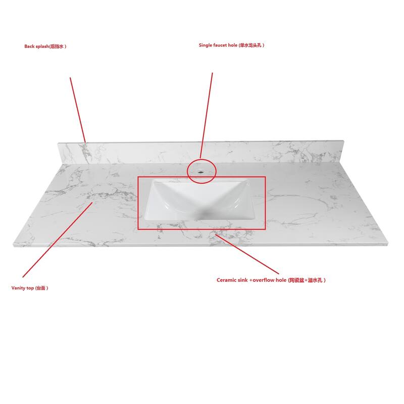 43x22 inch bathroom stone vanity top carrara white marble color with ceramic sink and single faucet hole with back splash