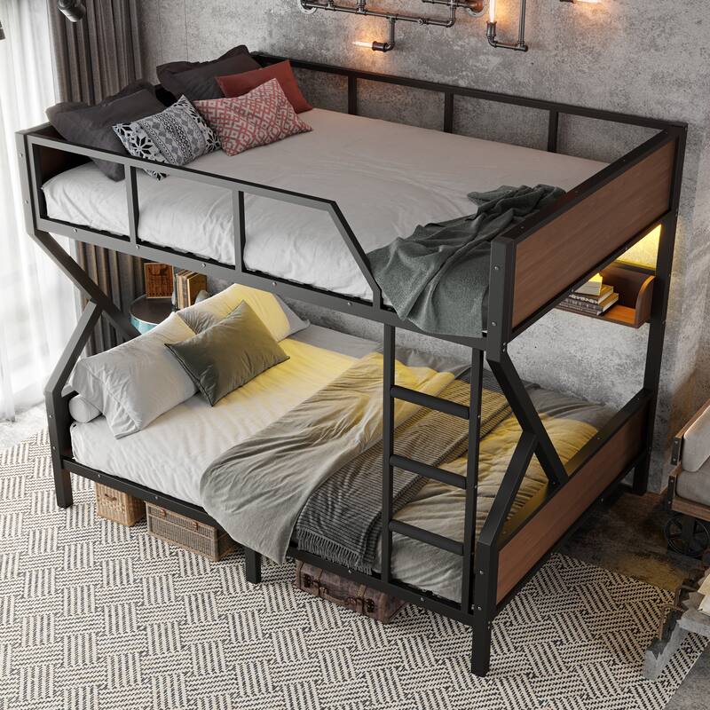 Metal Bedframe Queen Over Queen Bunk Bed with Storage Shelves and LED Light Strip, Space-saving & Noise-free Design