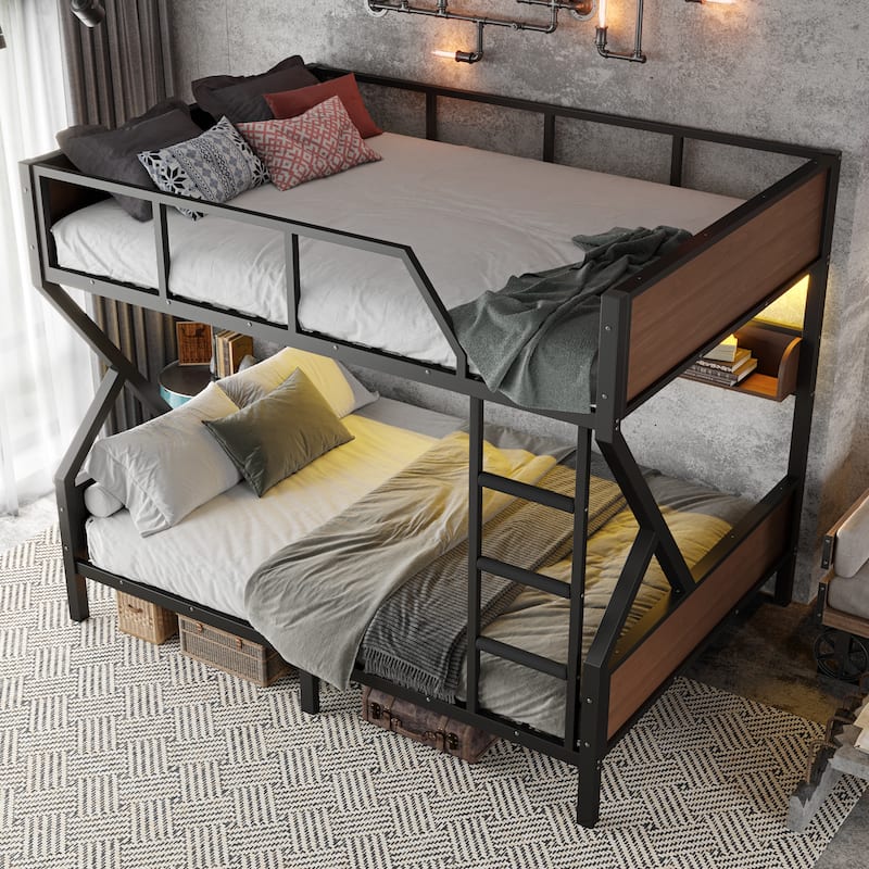 Queen over Queen Bunk Bed, Metal Bunk Bed with Storage Shelves and Lights, Space-saving & Noise-free Design, Black