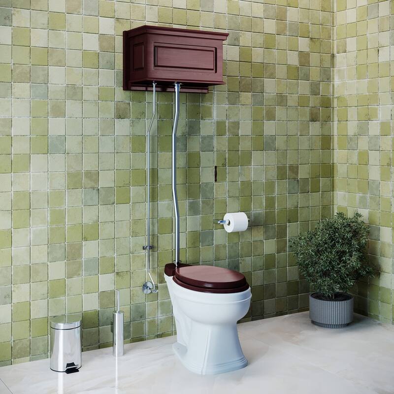 Cherry Wooden High Tank Toilet Raised Tank, Satin Plated Z Pipe and Round White Bowl