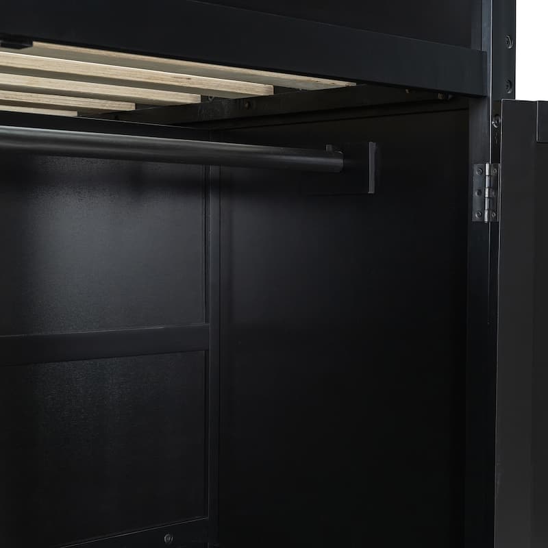 Full Size Wood Loft Bed with Desk & Wardrobe - Ample Storage and RGB Light