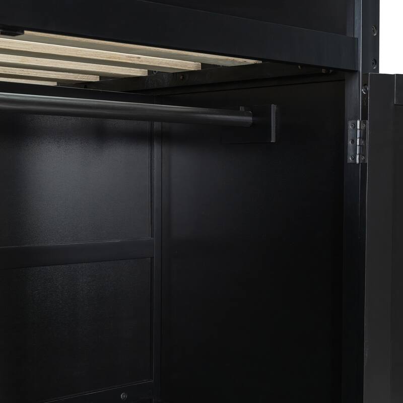 Wooden Full Size Loft Bed, LED Gaming Loft Bed Frame with Built In Desk, Full Size High Loft Bed Frame with Wardrobe and Drawers
