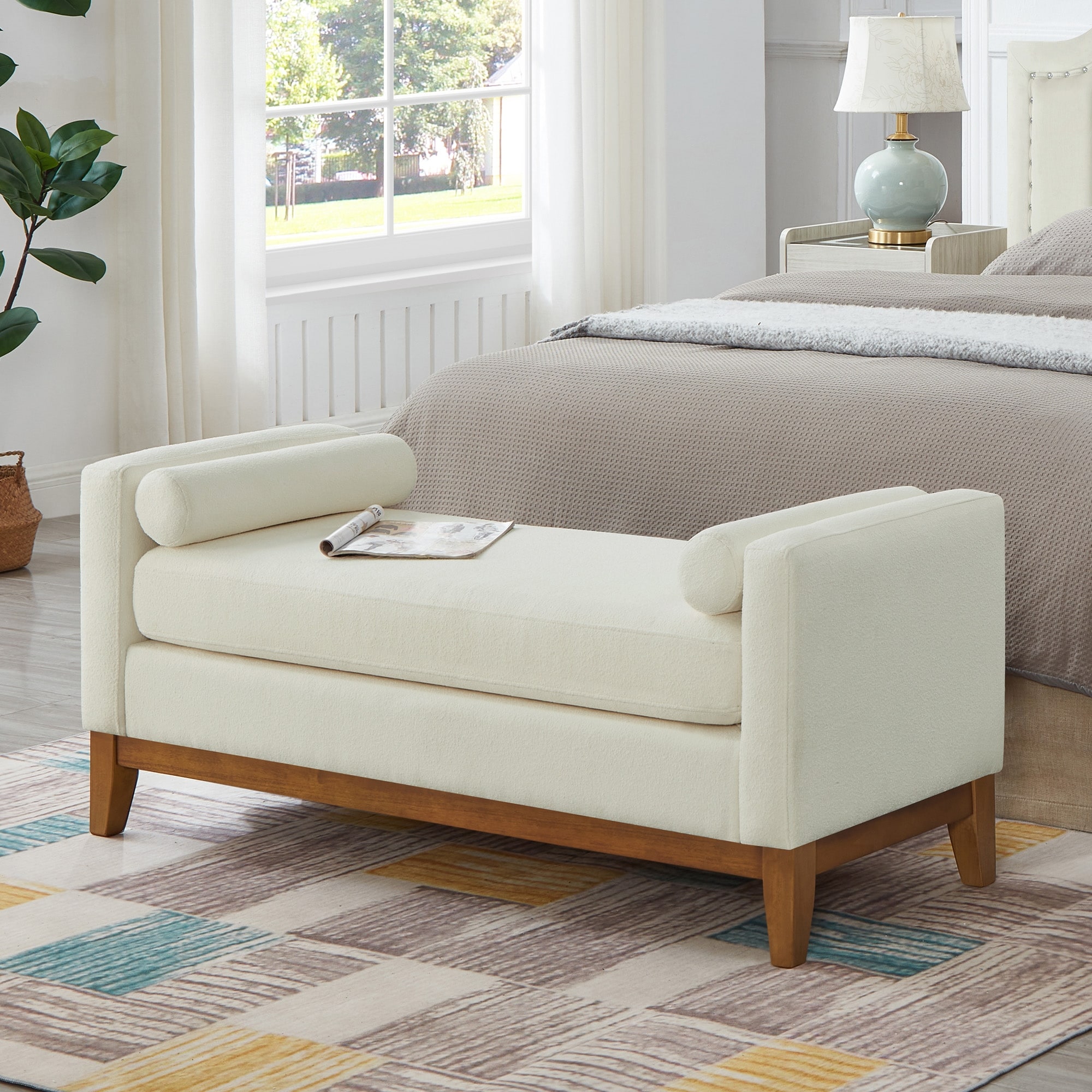 GDFStudio Zepharion Keldt Boucle Fabric Upholstered Bench with Armrests and Pillows
