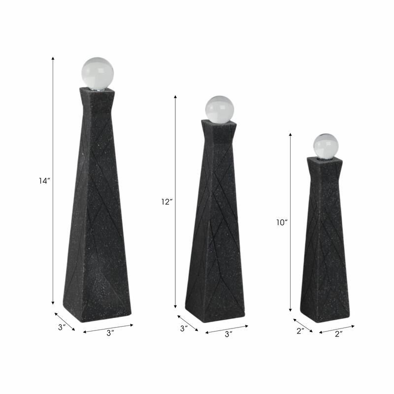 Resin Glass Obelisk Decorative Objects (Set of 3) - 14/12/10" Black - 3" x 3" x 14"
