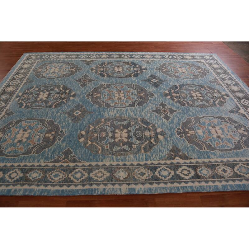 Hand Knotted Oriental 100% Wool Carpet Transitional Geometric Navy Blue & Blues Oushak Area Rug - 11' 4'' X 8' 3''