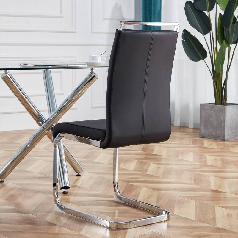 Modern PU Faux Leather High Back Dining Chairs with C-shaped Tube Chrome Metal Legs