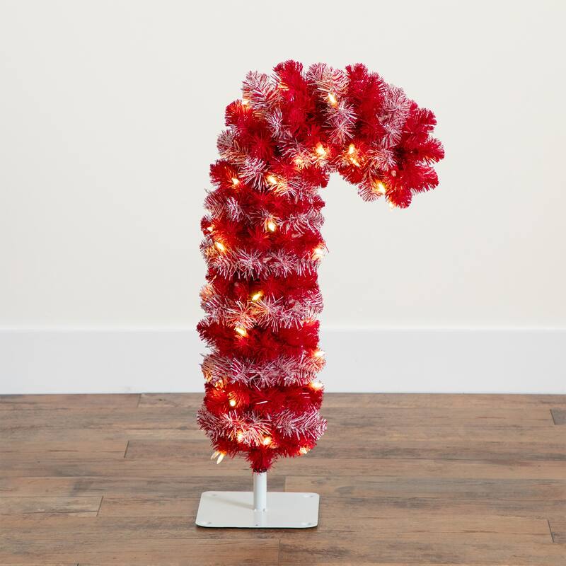 Pre-Lit Candy Cane Artificial Pine Christmas Tree - 2.5’ - Warm White LED Lights - 2.5 Foot