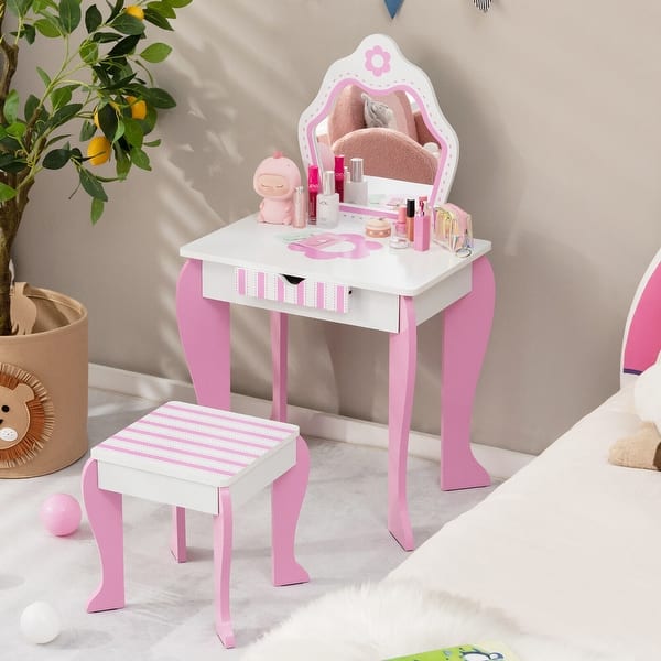 slide 2 of 10, Gymax Kid Vanity Set Wooden Makeup Table Stool w/ Mirror Flower Print Pink+White - 1-drawer
