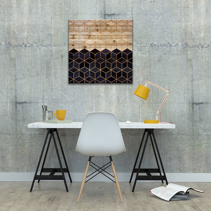 White And Navy Cubes Print On Wood by Elisabeth Fredriksson - Multi-Color