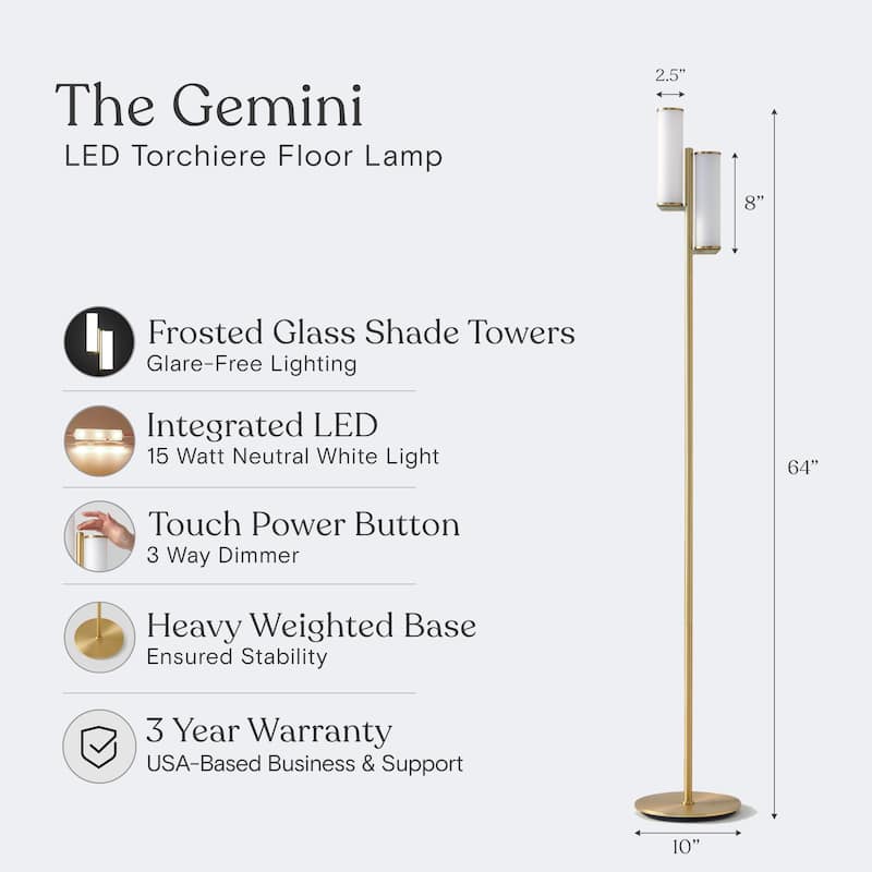 Brightech Gemini 64 in. Antique Brass Industrial 2-Light 3-Way Dimming LED Floor Lamp with 2 Frosted White Glass Cylinder Shades