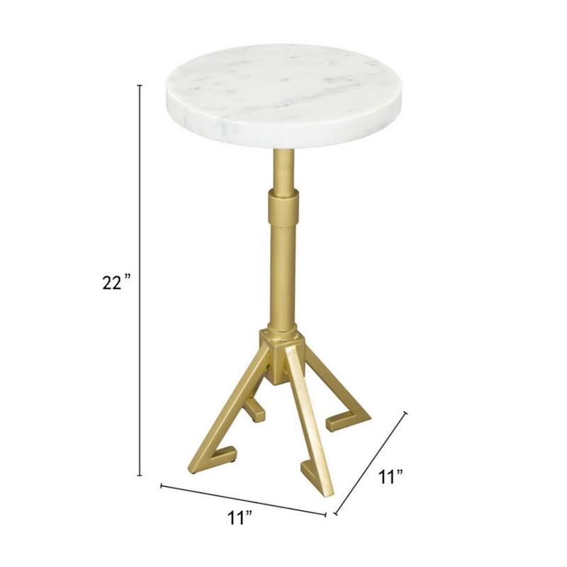 Sleek 22” Round Pedestal Side Table with White Marble Top and Gold Iron Base for Small Spaces - 22”H x 11”W x 11”L