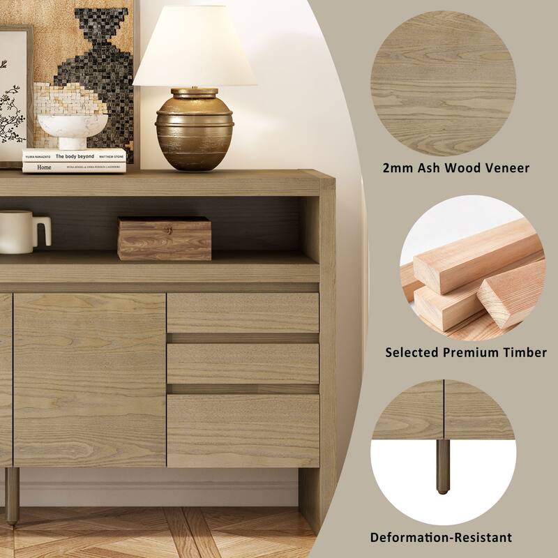 3-Door Sideboard with 3 Drawers - Modern Solid Ash Sideboard, Large Storage Cabinet for Living Room, Hallway, Dining