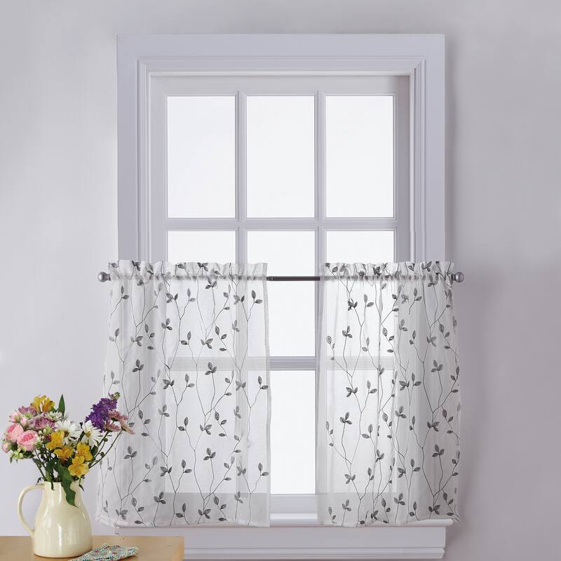 Curtainworks Botanical Embroidery Valance and Tier Pair Curtain Collection - 2-36" Tier - Grey