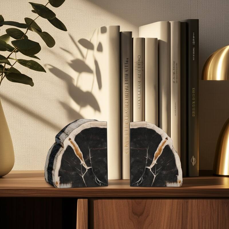 Wood Bookends Natural Slice Design Medium Size (Set of 2) - 7" Black - 5.5" x 2.25" x 7.25"