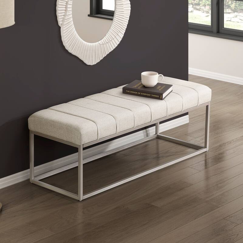 Modern Home Furniture 1pc Bench Beige Fabric Upholstery Plush Comfort Metal Legs Champagne Finish Entryway Bench - Beige,Champagne