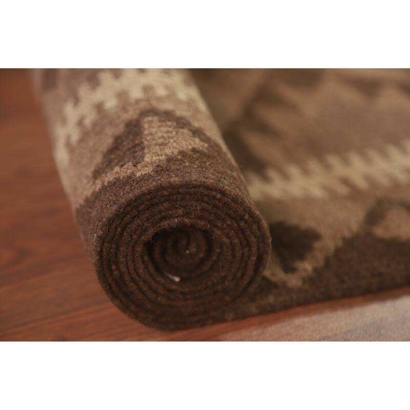 Hand Woven Oriental 100% Wool Carpet Southwestern Geometric Brown Kilim Area Rug - 9' 9'' X 6' 8''