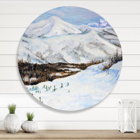 Designart 'Winter Landscape With Snow-Capped Mountains' Traditional Metal Circle Wall Art