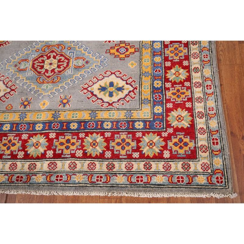 Gray Geometric Kazak Oriental Area Rug Hand-Knotted Wool Carpet - 4'11" x 6'10"