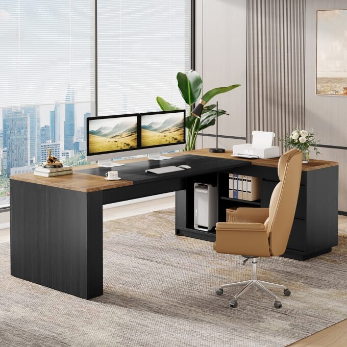 78" L Shaped Executive Desk with Drawers, Large Office Computer Desk