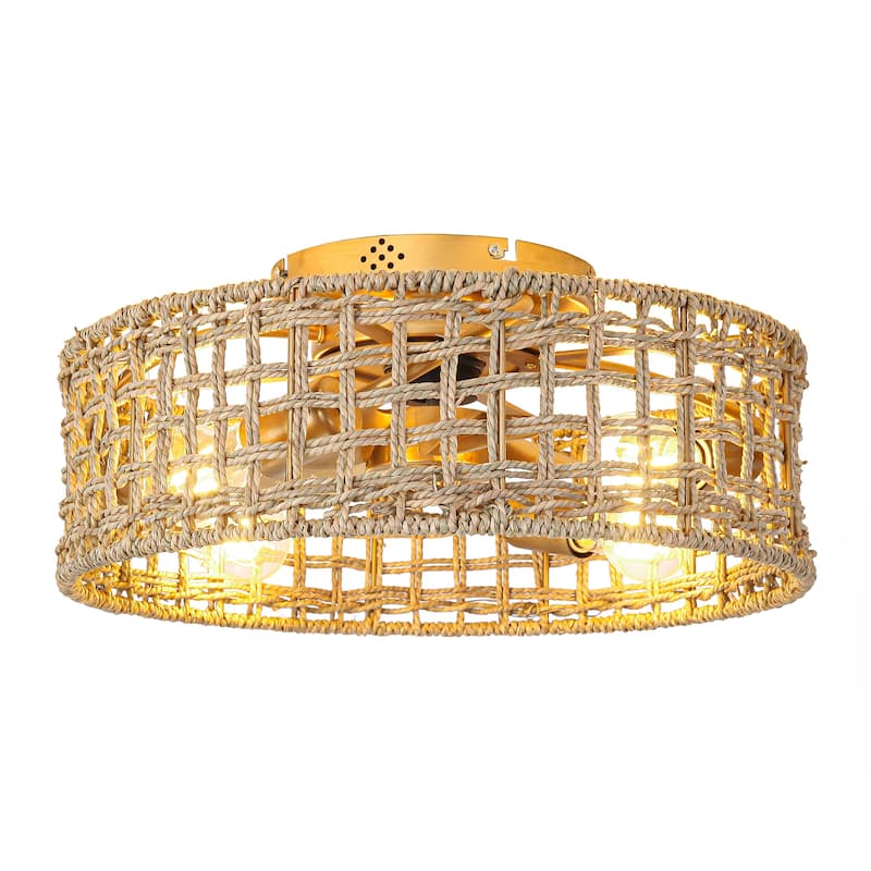 17.7" Natural Corn Straw Rope Gold Fandelier Flush Mount Ceiling Fan with Remote and App