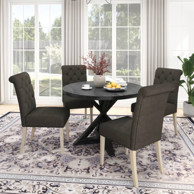 Contemporary 5-Piece Dining Set with Round Table and Button-Tufted Chairs - Solid Wood Construction for Lasting Durability